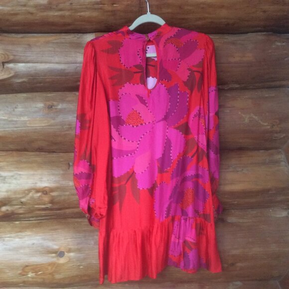 FARM Rio Bold Red Peony Long Sleeve Floral Satin Mini Boho Shift Dress Sz Medium - Picture 8 of 8
